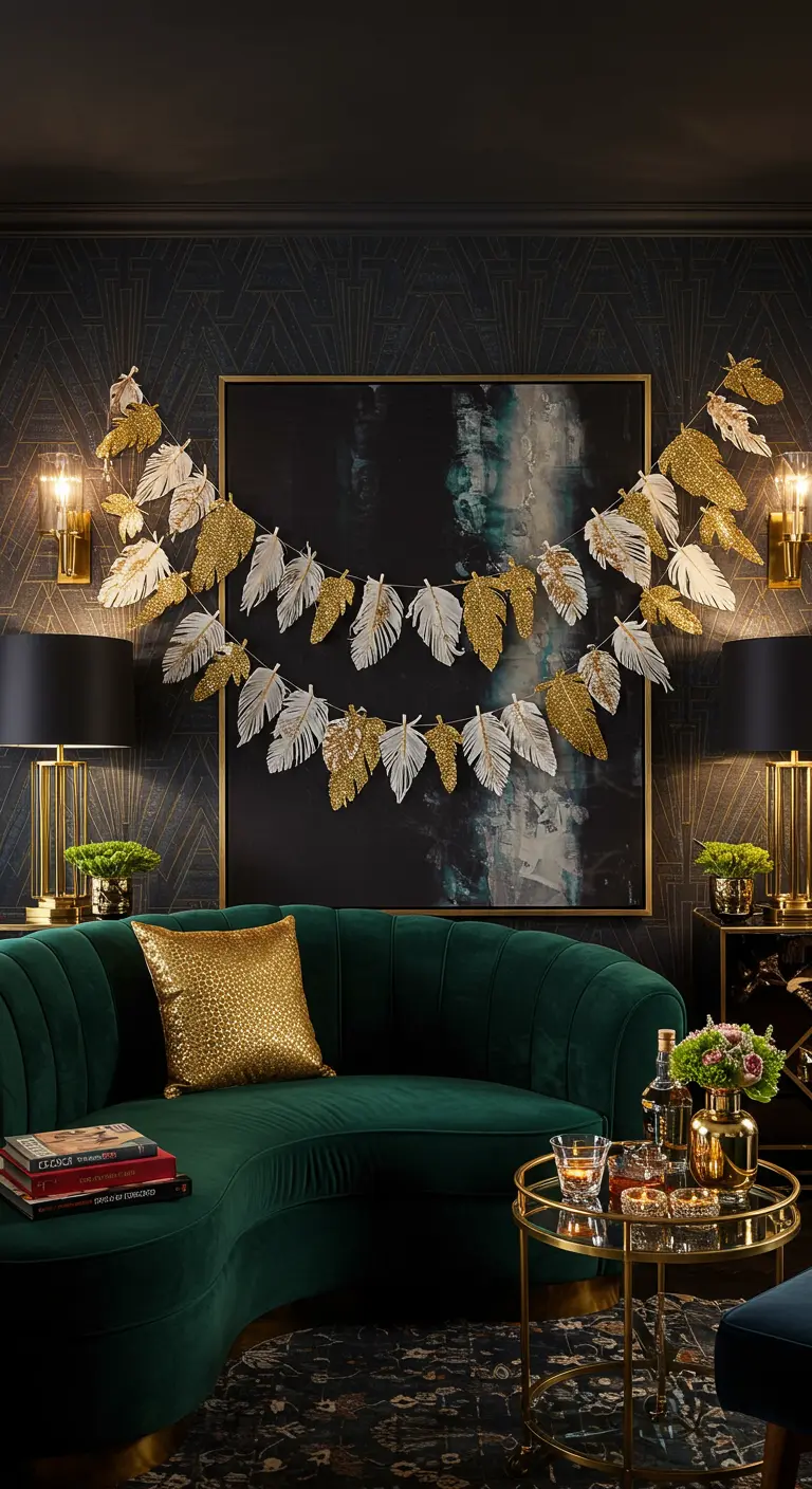 Guirlande de plumes en papier blanc et doré à paillettes au-dessus d'un canapé en velours vert.