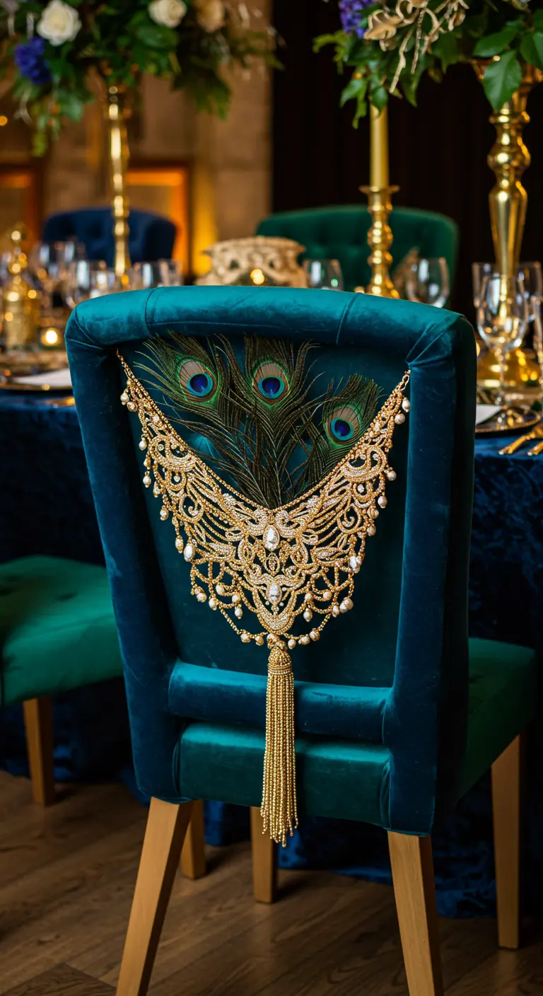 Chaise en velours bleu-vert ornée d'un bijou doré et de plumes de paon.