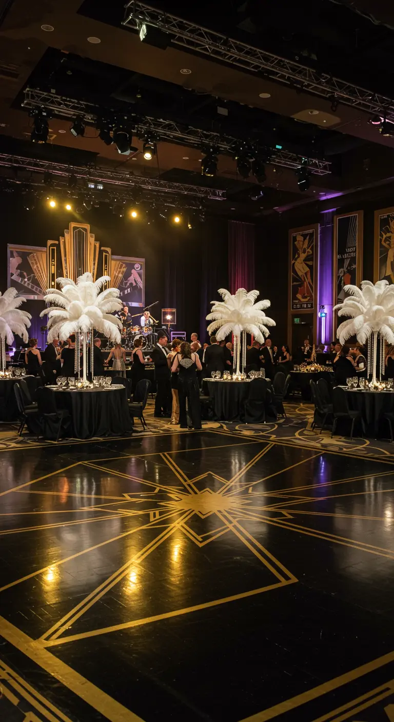 Soirée style Gatsby avec tables noires et centres de table en plumes blanches.