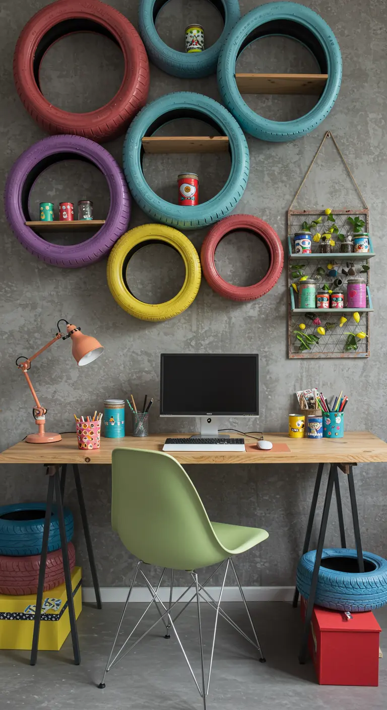 Bureau avec des étagères murales colorées fabriquées à partir de pneus recyclés et peints.