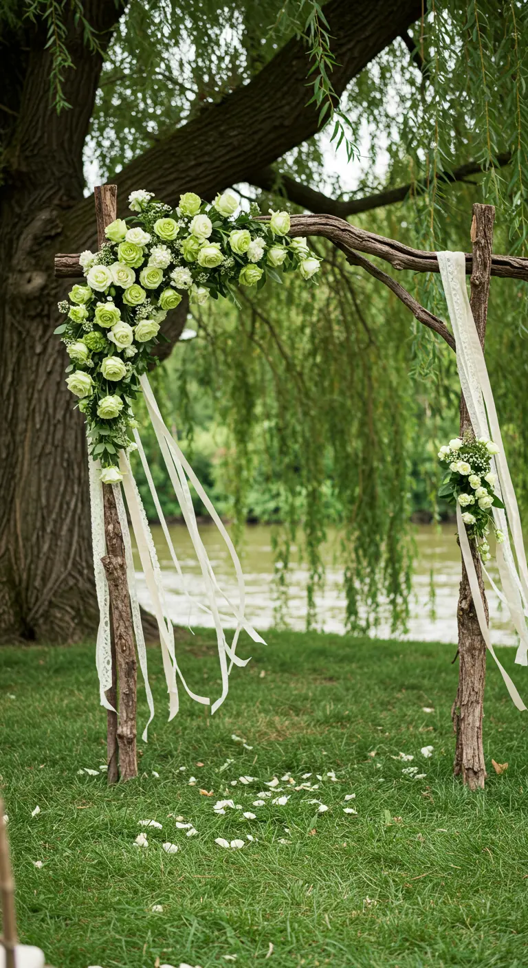 Arche en branches naturelles au bord de l'eau, décorée de rubans de dentelle.