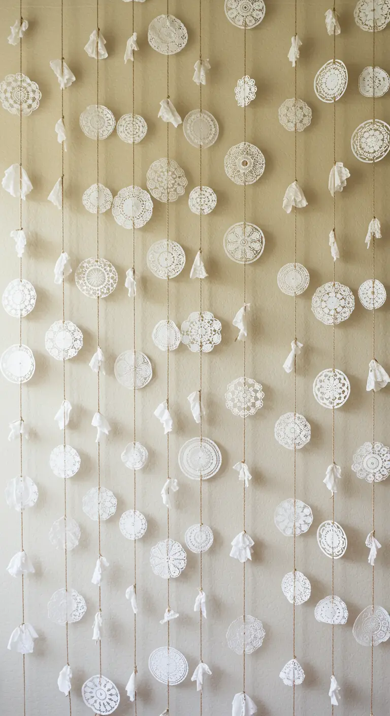 Plusieurs guirlandes verticales faites de napperons en papier blanc suspendues contre un mur.