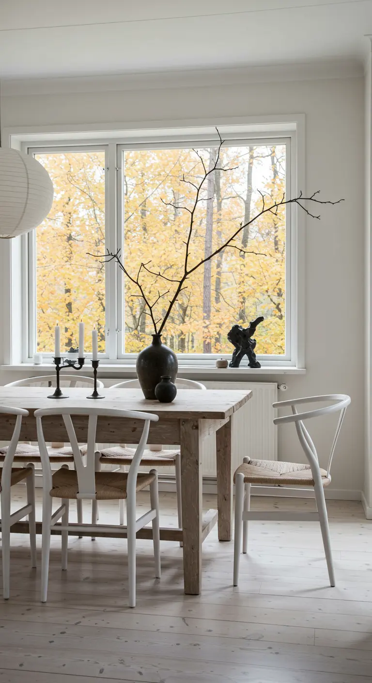 Table en bois clair de style scandinave avec une branche nue dans un vase sombre.