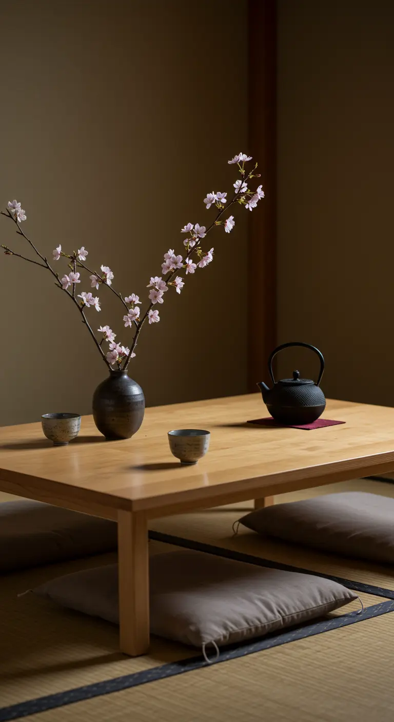 Table basse japonaise avec une branche de cerisier en fleurs.