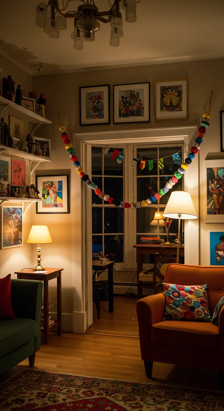 Guirlande de pompons de laine de toutes les couleurs encadrant une porte dans un appartement éclectique.