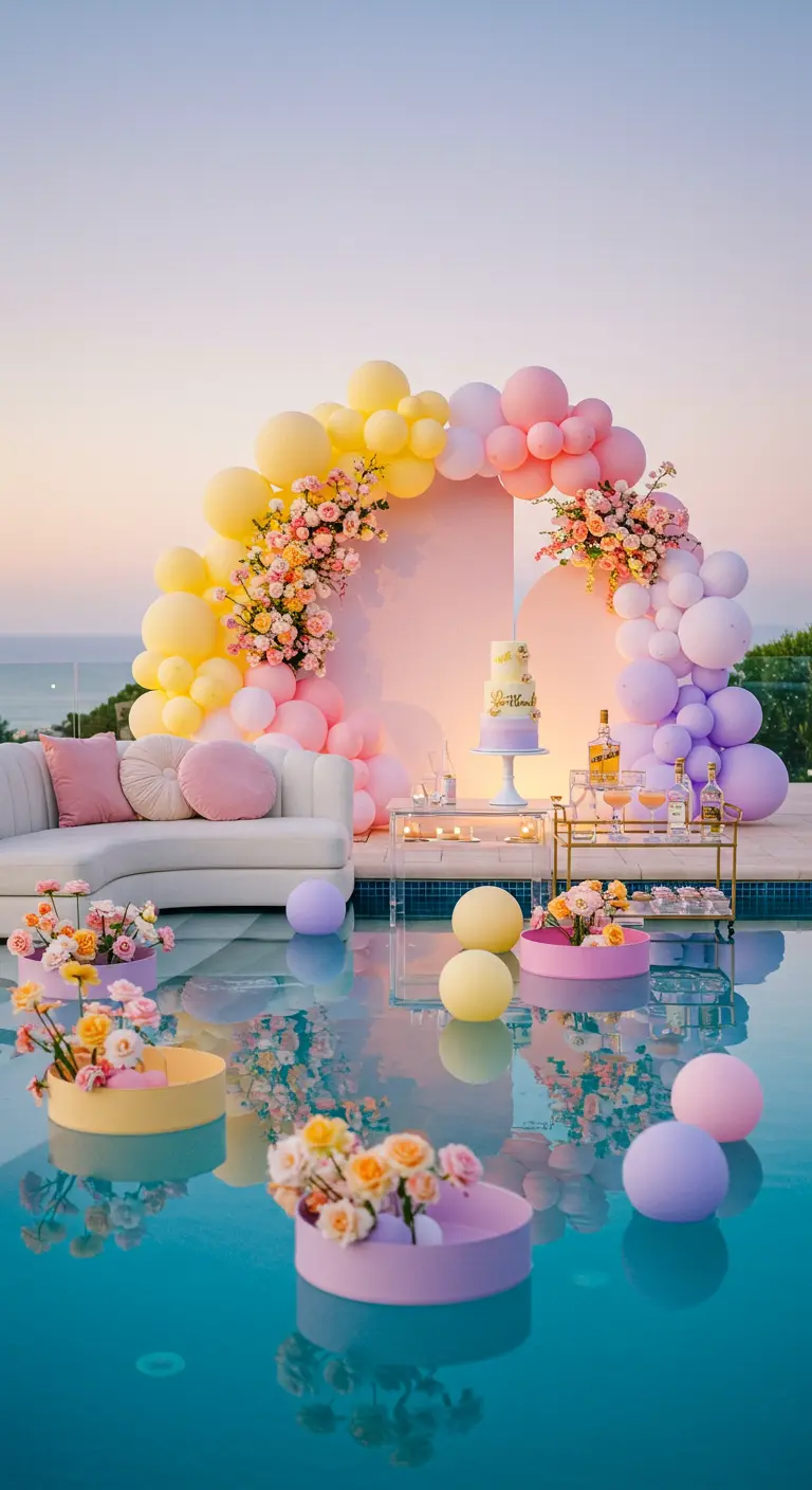 Décoration de fête au bord d'une piscine avec arche de ballons et fleurs flottantes.