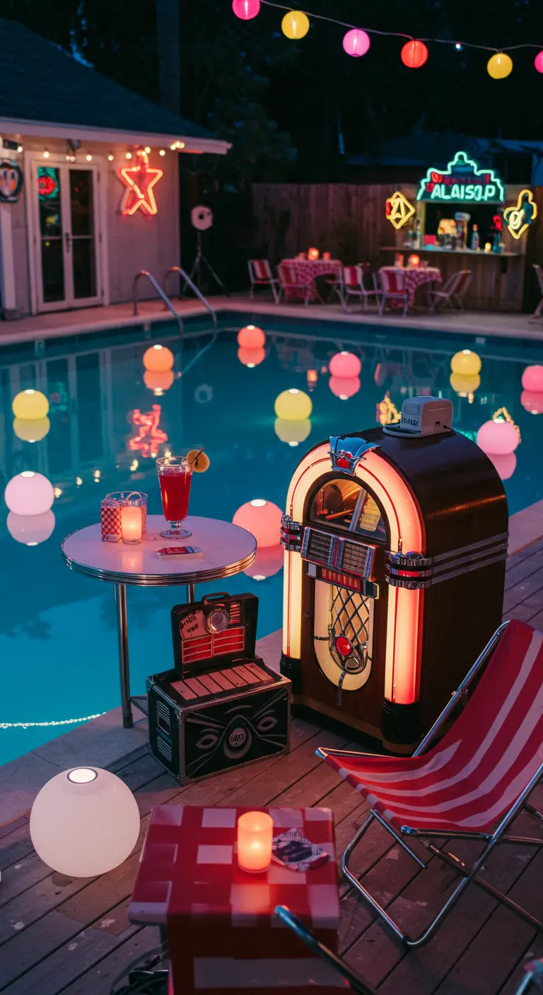 Fête au bord d'une piscine la nuit avec un jukebox et des lumières colorées.