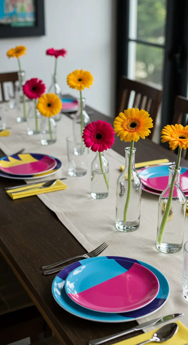 Vaisselle à motifs pop art colorés avec des gerberas en soliflores.