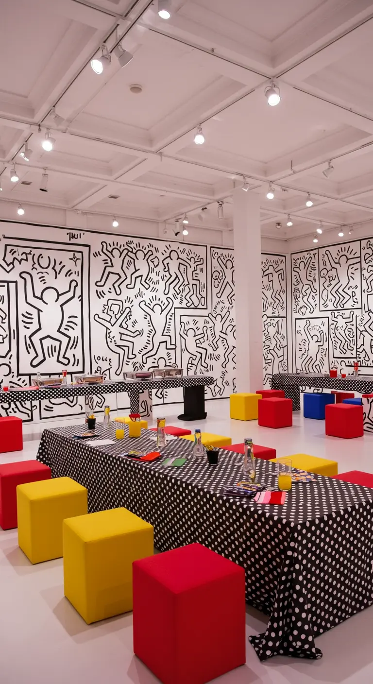 Salle décorée style Keith Haring avec nappes à pois et poufs colorés.