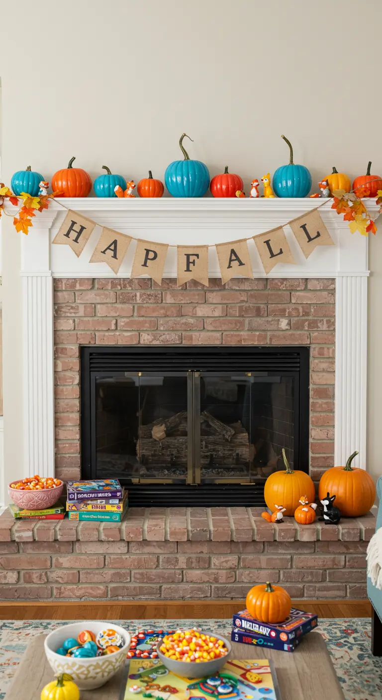 Décoration d'automne colorée avec des citrouilles orange et turquoise et une bannière 'Hap-Fall'.