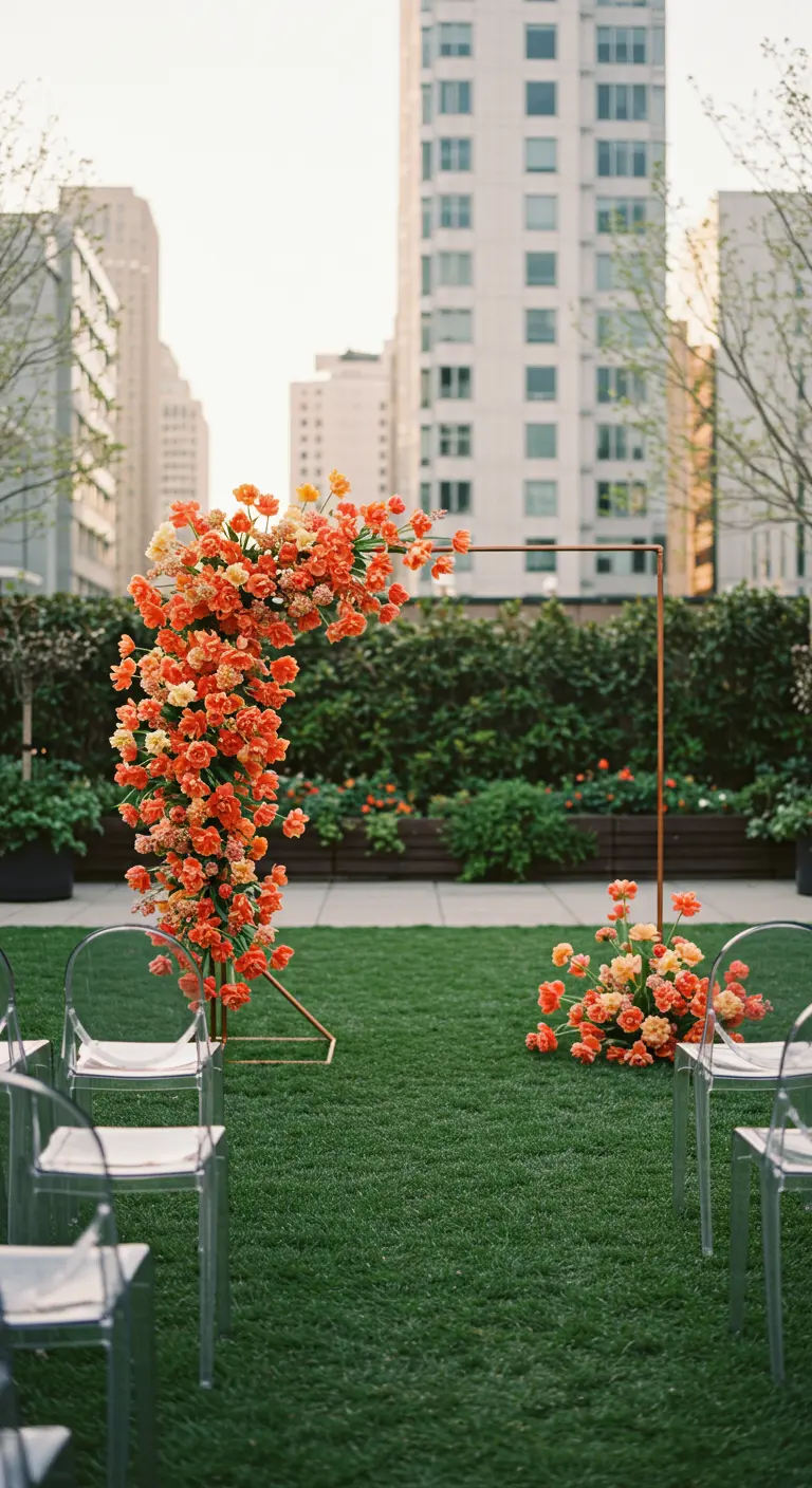 Arche de mariage moderne asymétrique avec des fleurs orange vif sur un rooftop.
