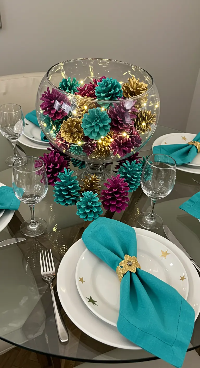 Grand vase rempli de pommes de pin peintes en rose, turquoise et or, avec des lumières.