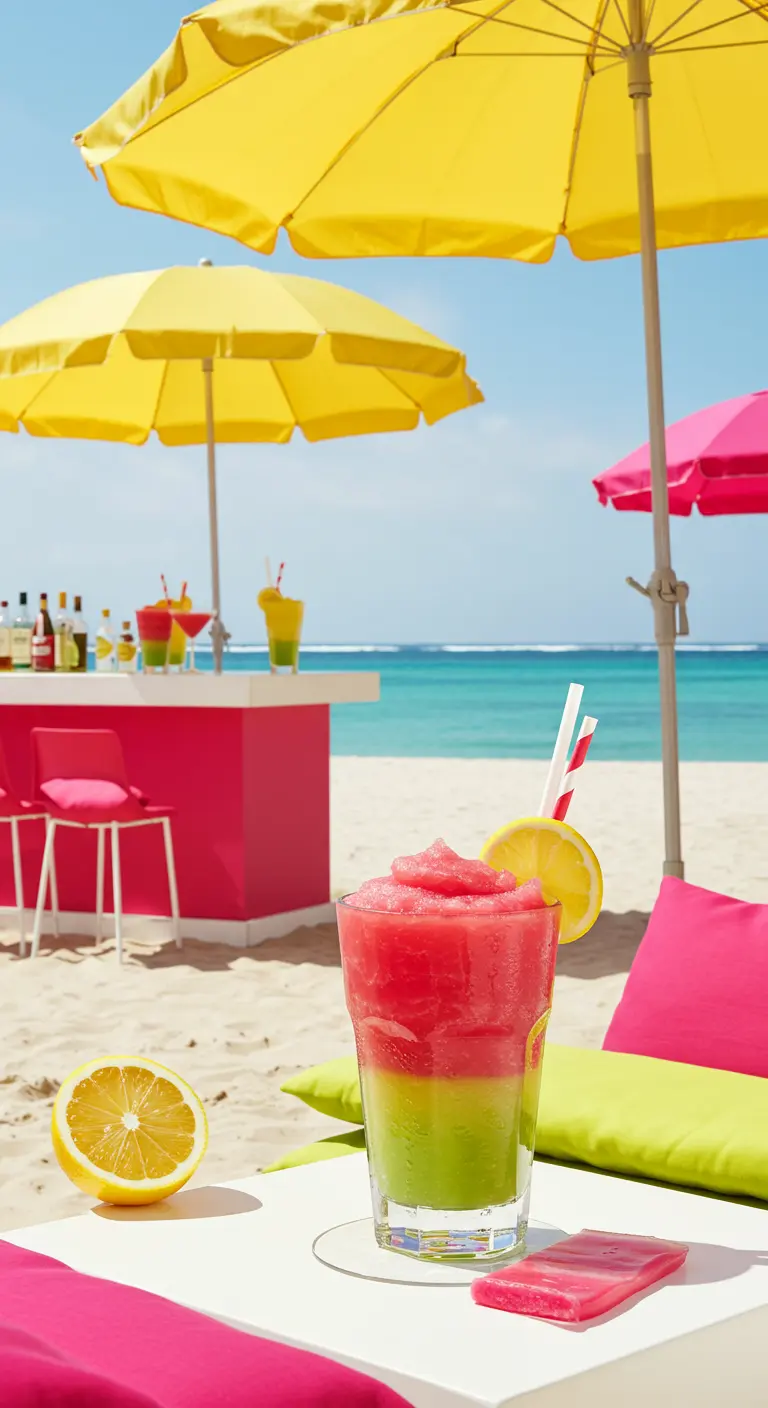 Verre de granité bicolore rose et vert sur une table de plage avec des parasols jaunes.