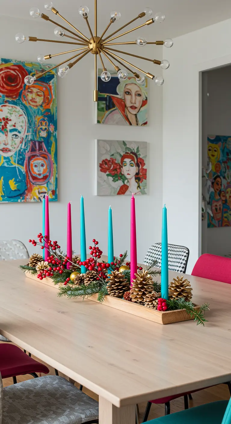 Centre de table coloré avec bougies roses et turquoises, baies rouges et pommes de pin dorées.