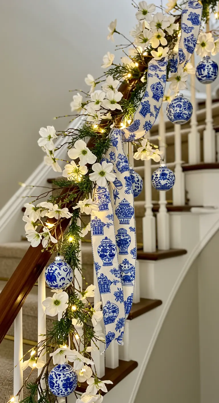 Guirlande de Noël décorée de rubans et boules à motifs de porcelaine bleue et blanche.