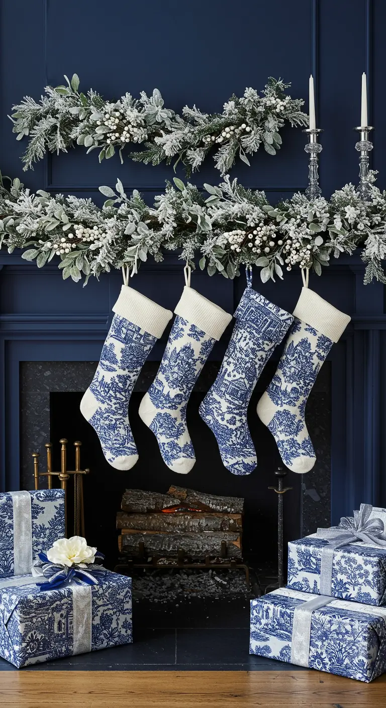 Cheminée bleue avec des chaussettes à motifs de porcelaine bleue et blanche.