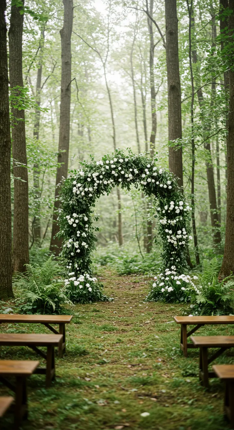 Arche de mariage verdoyante avec des roses blanches dans une forêt brumeuse.