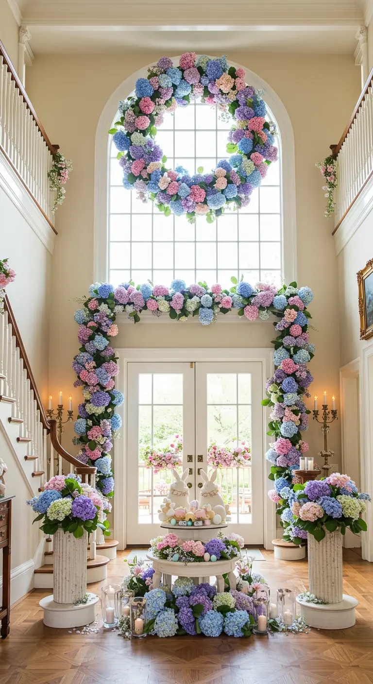 Entrée spectaculaire avec une immense couronne et une guirlande d'hortensias.