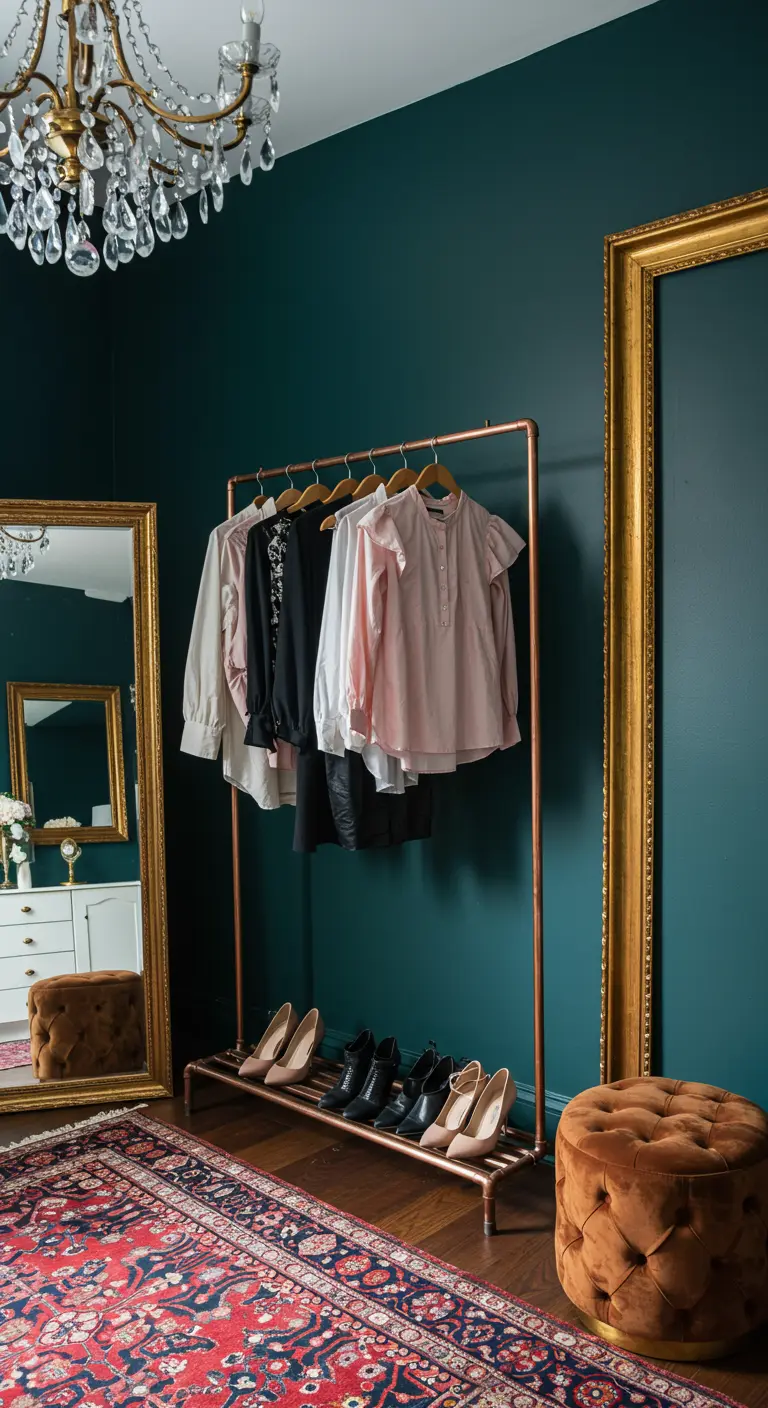 Un portant à vêtements en tuyaux de cuivre contre un mur vert foncé, avec des vêtements suspendus.