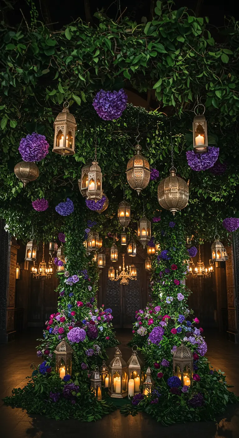 Arche luxuriante de verdure et de fleurs violettes, ornée de lanternes marocaines suspendues.