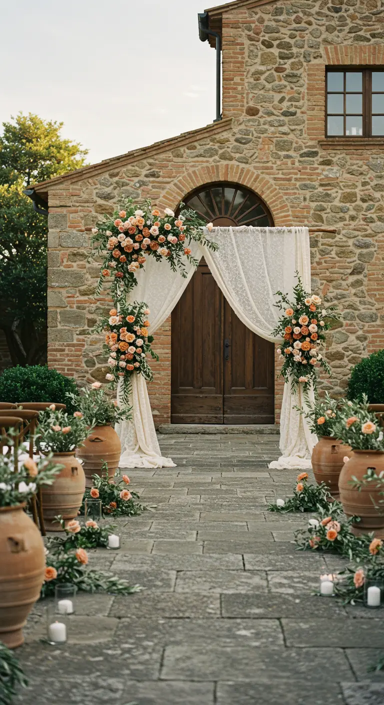 Porte en bois encadrée par une arche de fleurs pêche et des rideaux en dentelle.