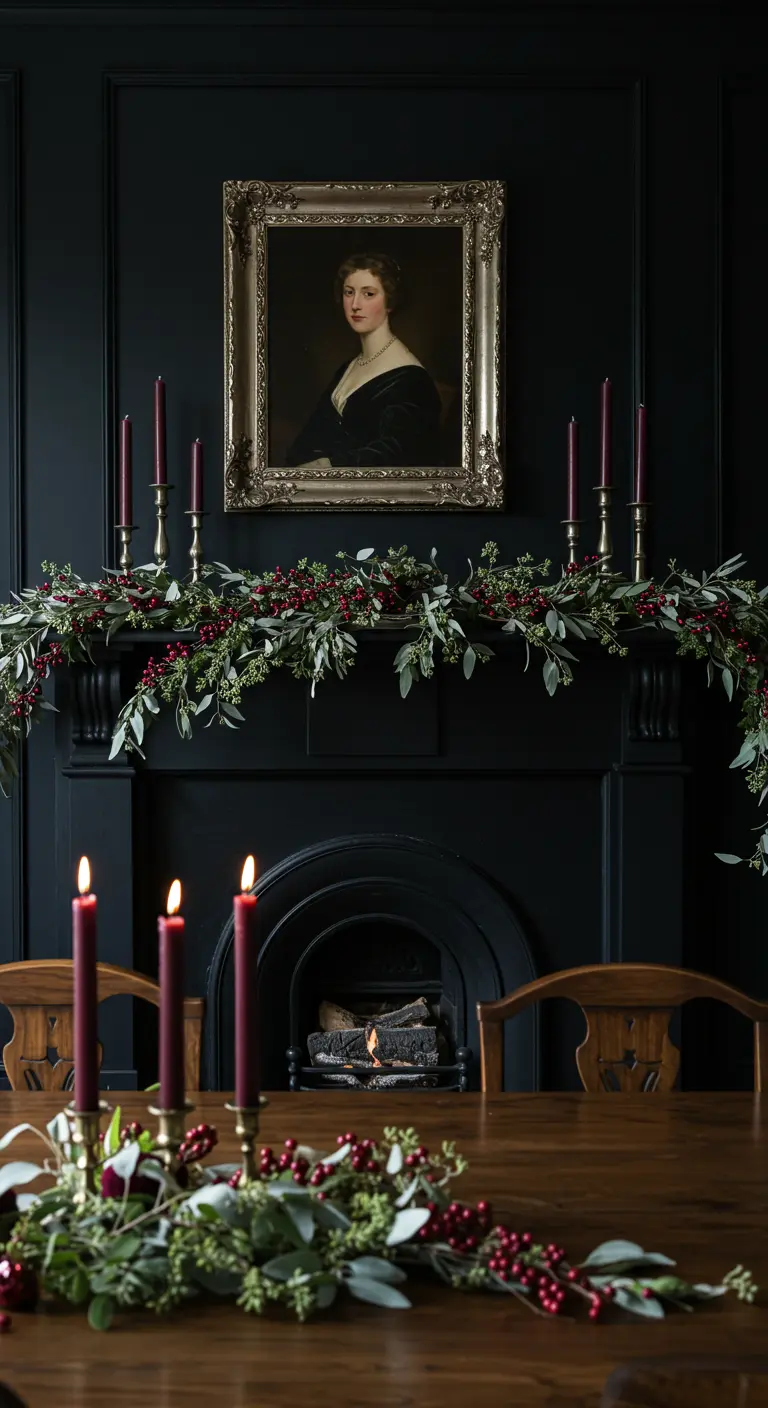 Cheminée noire avec un portrait classique, une guirlande d'eucalyptus et des bougies rouge sombre.