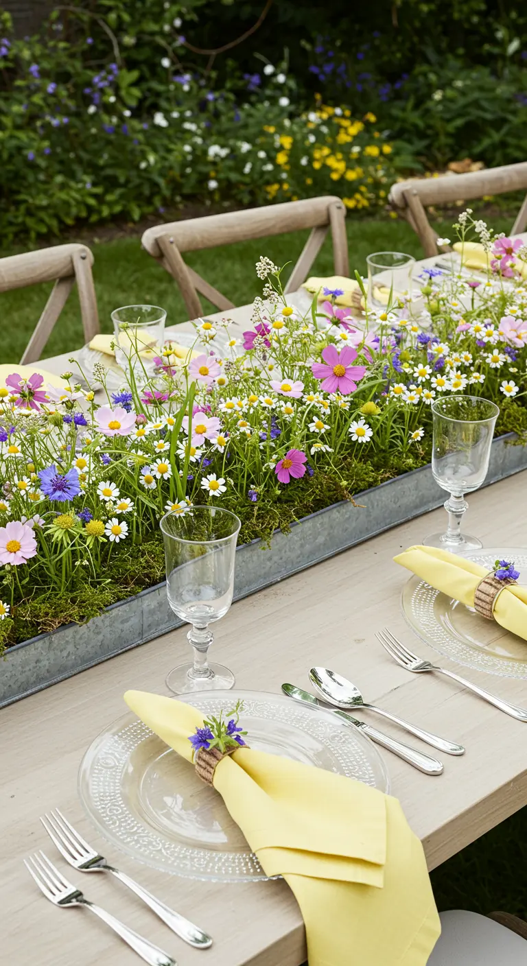 Jardinière en zinc remplie de fleurs des champs colorées sur une table en bois.