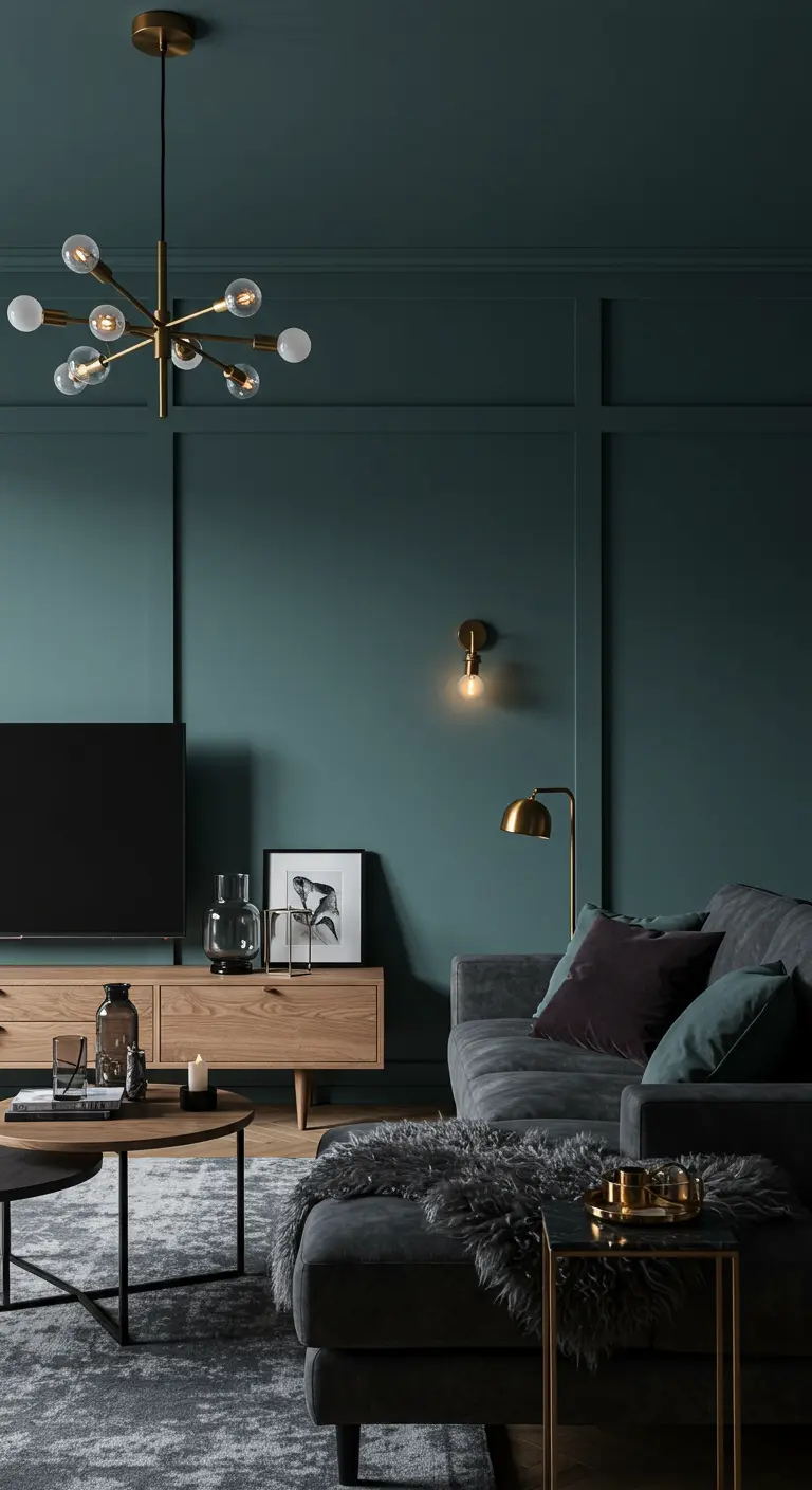 Salon chic avec murs bleu sarcelle, canapé en velours gris et luminaires en laiton.