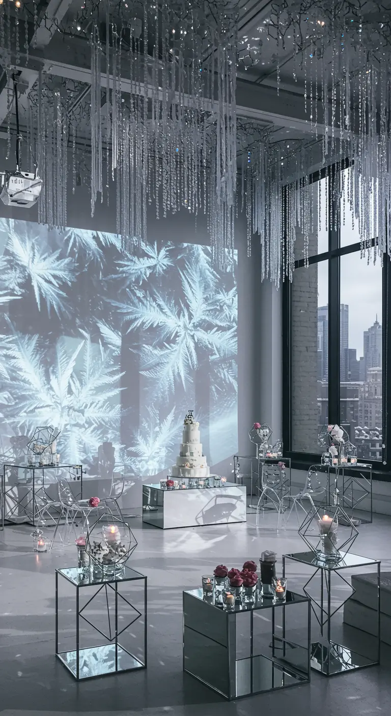 Espace moderne avec une projection de givre sur le mur et des tables miroir.