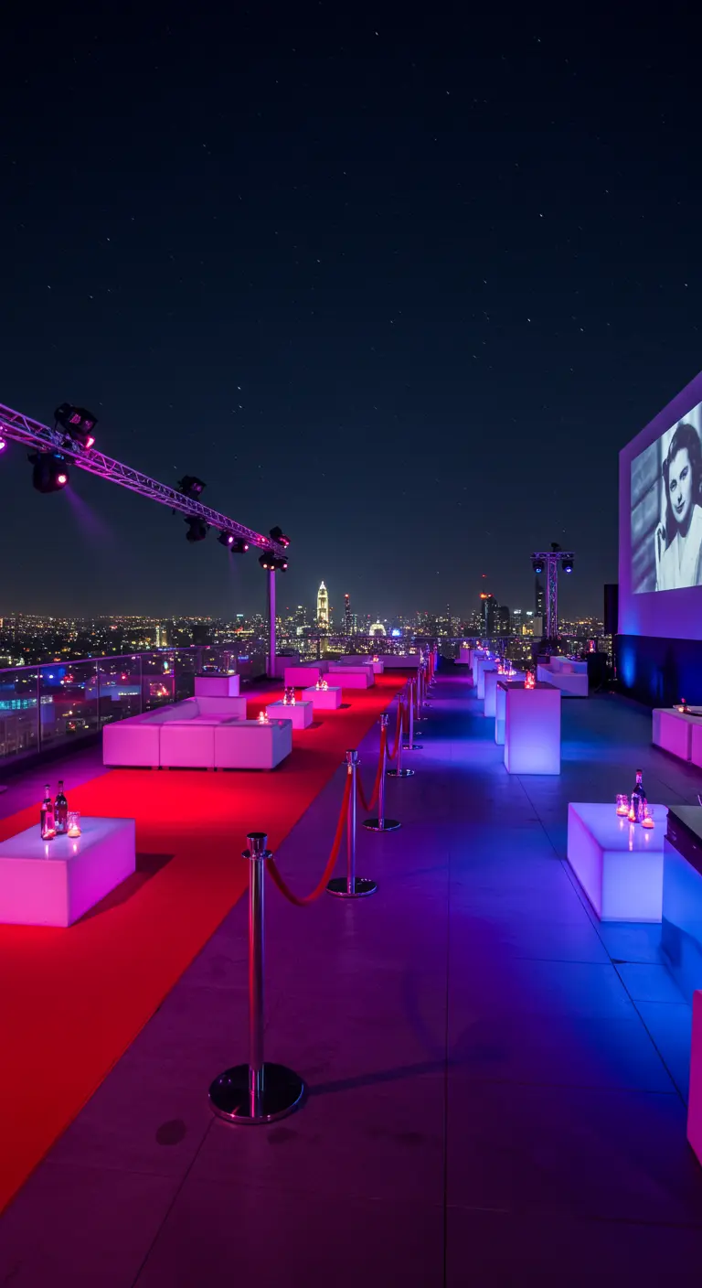 Rooftop avec tapis rouge, mobilier lumineux et projection de film.