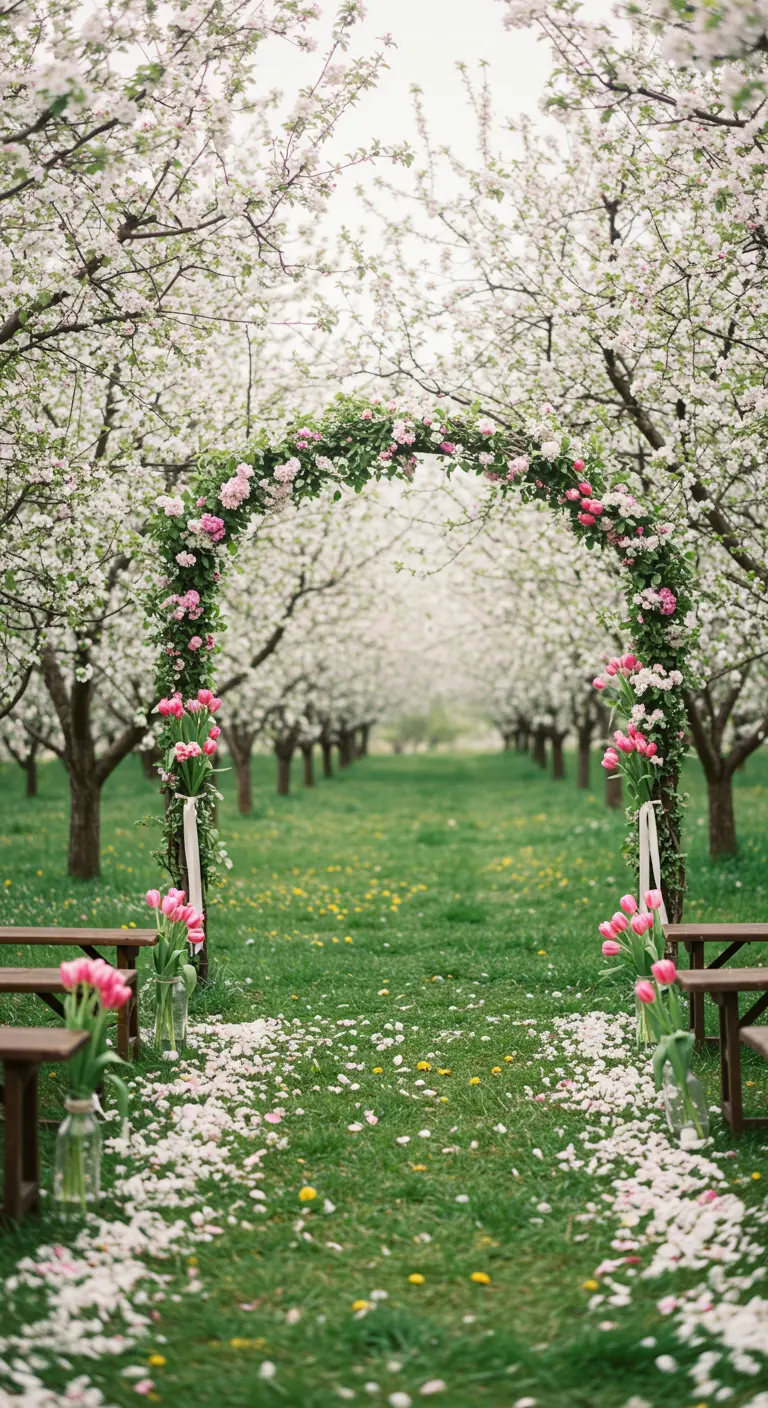 Arche de mariage printanière avec des tulipes roses dans un verger en fleurs.