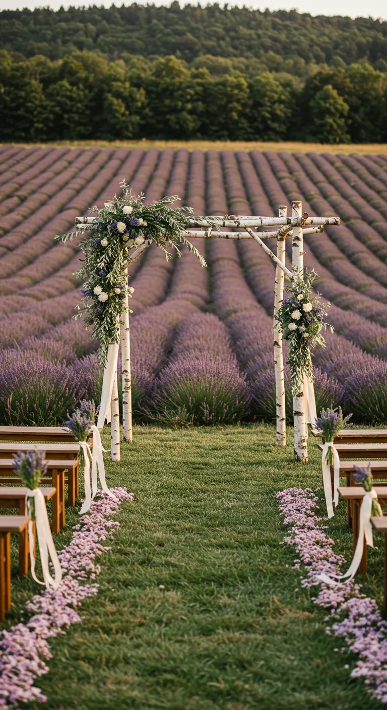 Arche de mariage en bouleau dans un champ de lavande, avec une allée de pétales.