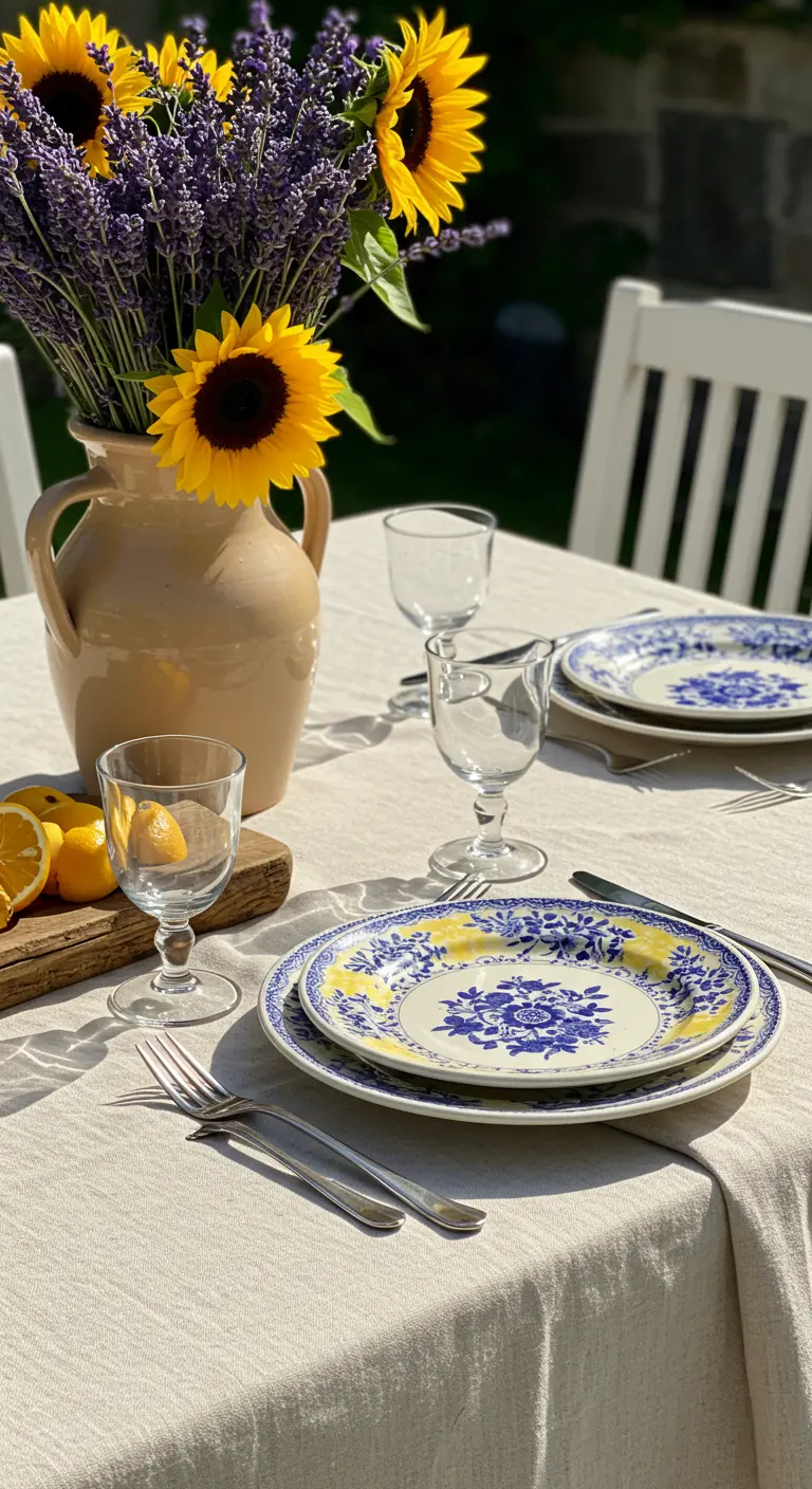 Table ensoleillée avec vaisselle provençale bleue et jaune et des citrons frais.