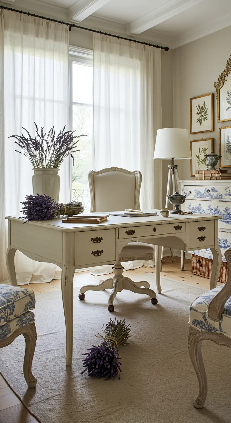 Bureau de style provençal blanc cassé, décoré avec des bouquets de lavande séchée.