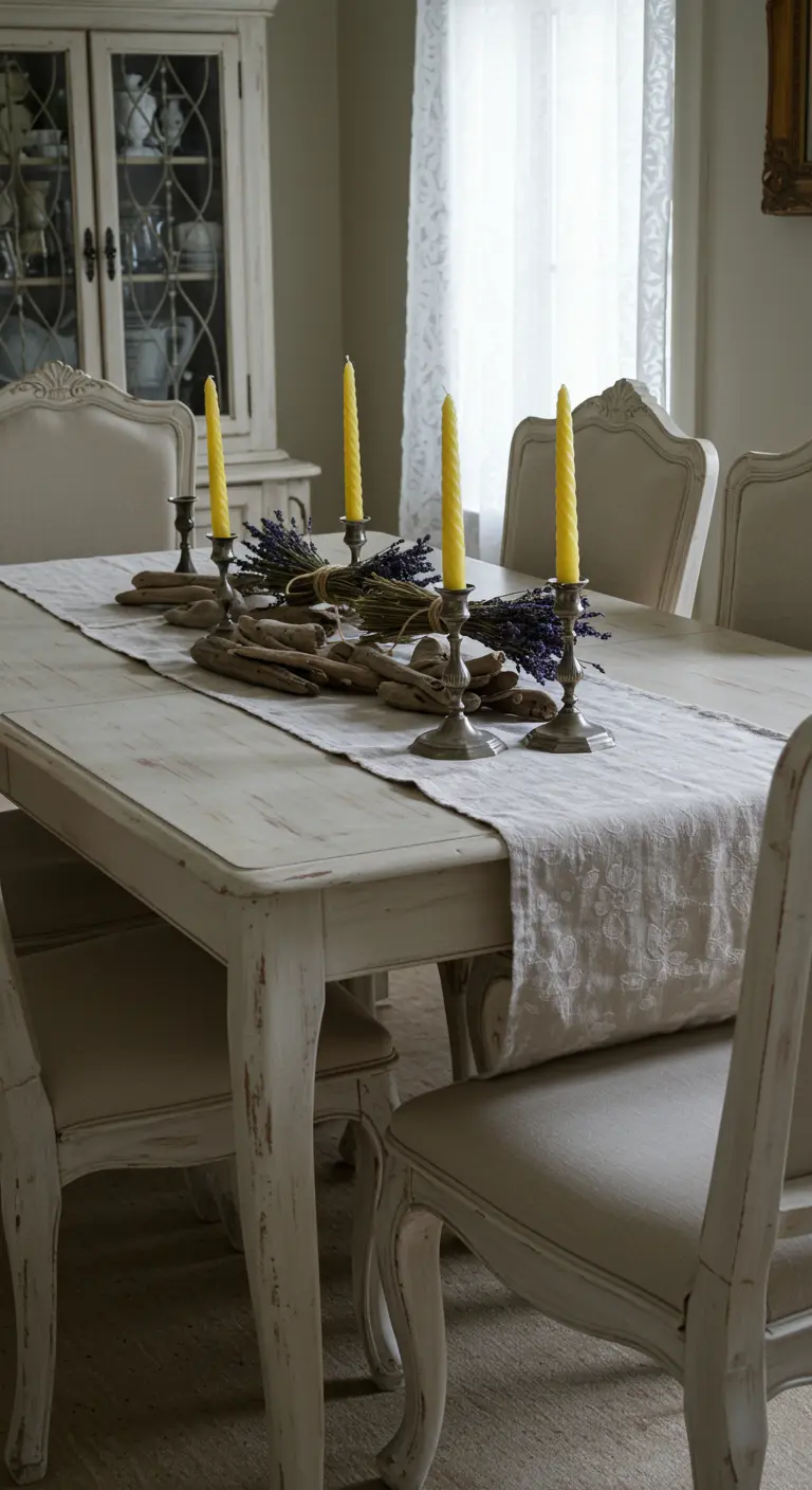Centre de table provençal avec bois flotté, lavande séchée et bougies jaunes.