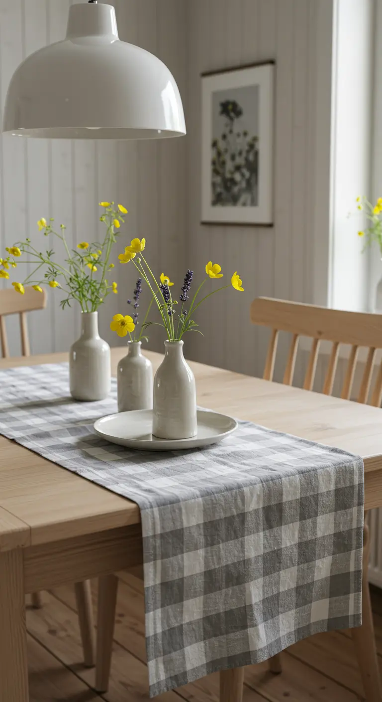 Table en bois avec chemin de table à carreaux gris et petits vases blancs.