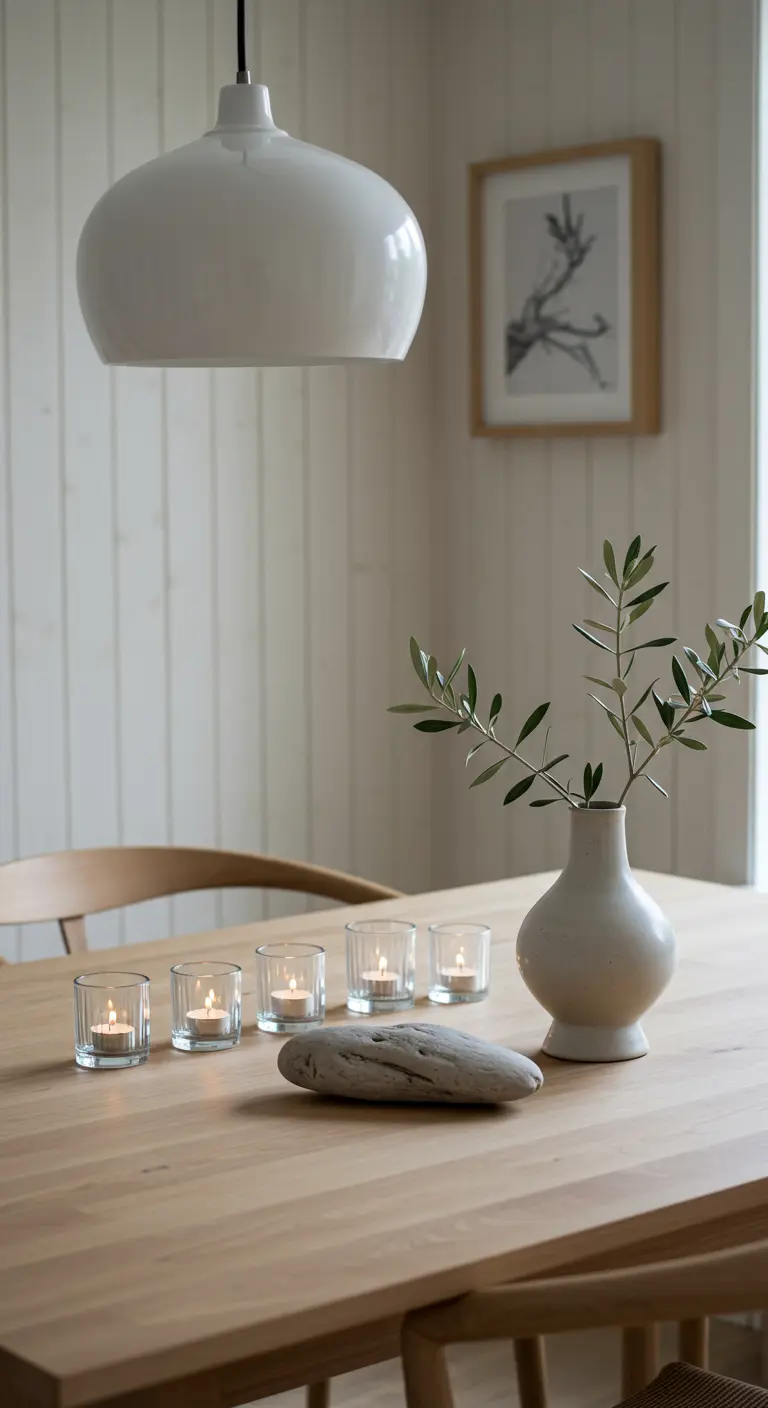 Décoration de table scandinave minimaliste avec bois flotté, vase et photophores.