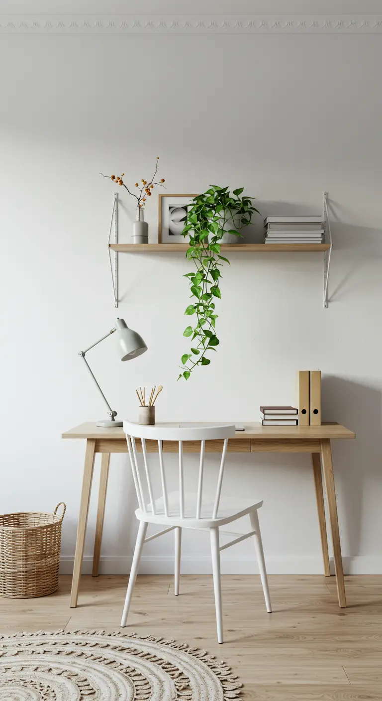 Bureau minimaliste de style scandinave en bois clair, chaise blanche et une plante retombante.
