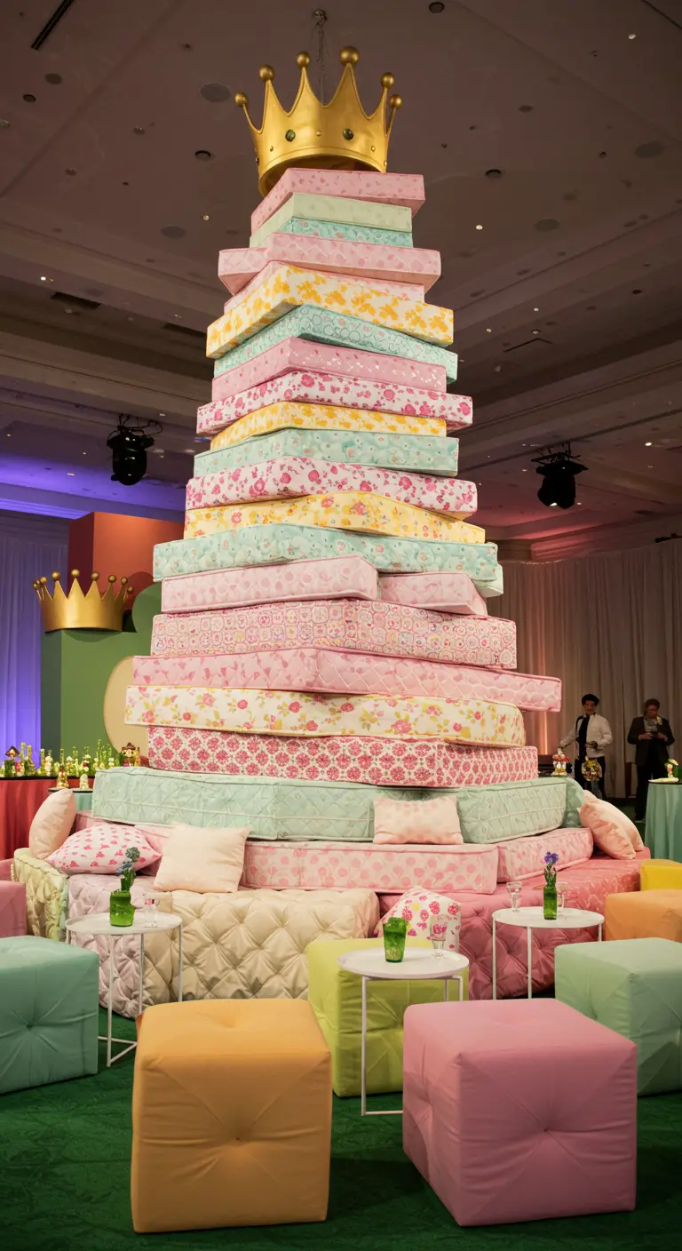 Immense pile de matelas colorés surmontée d'une couronne dorée.