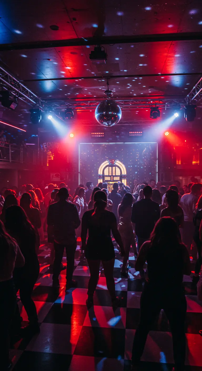 Piste de danse bondée sous une boule à facettes, avec une ambiance rouge.