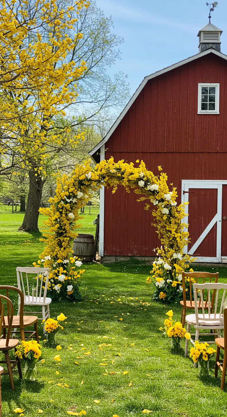 Arche de mariage éclatante de fleurs de forsythia jaunes devant une grange rouge.