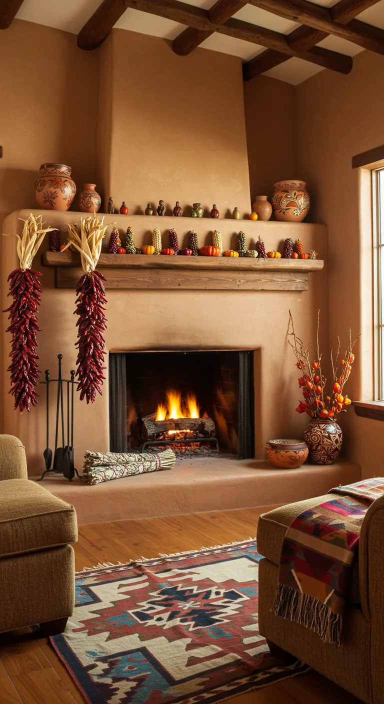 Cheminée de style sud-ouest avec des piments séchés et du maïs décoratif.