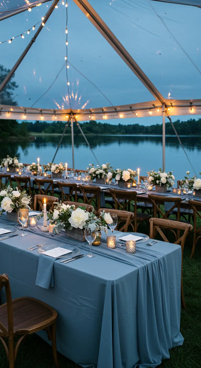 Table de mariage sous une tente transparente au bord d'un lac.