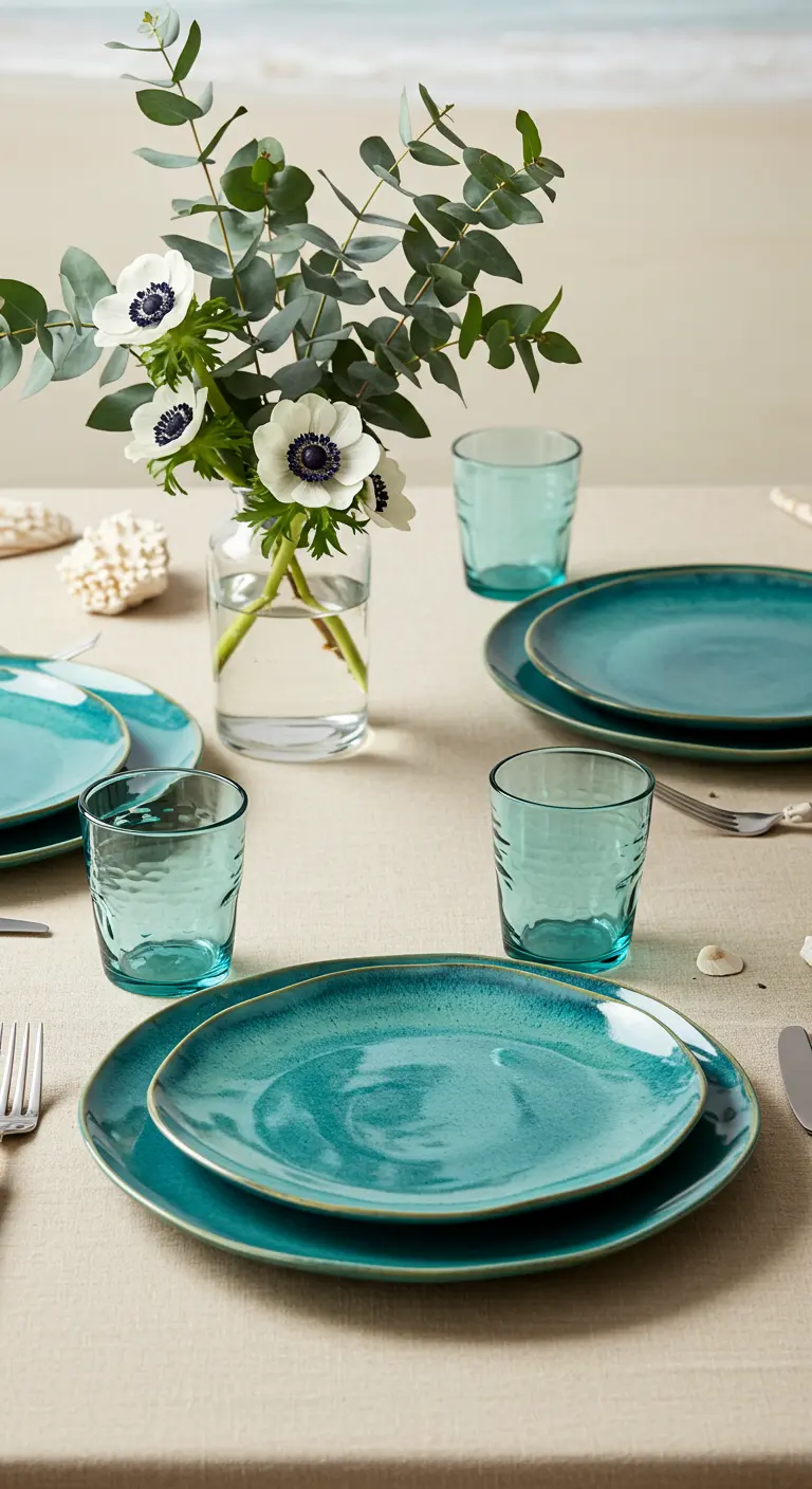Vaisselle turquoise sur une nappe sable avec des anémones blanches.