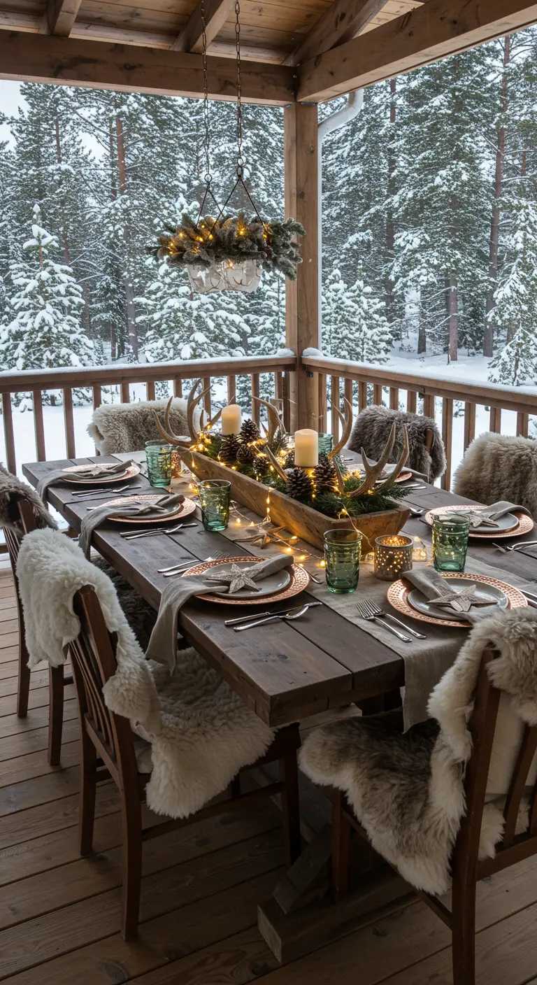 Table dressée sur un balcon enneigé, avec des peaux de mouton sur les chaises.