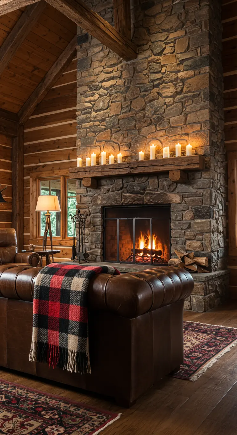 Intérieur de chalet avec cheminée en pierre, canapé en cuir et plaid à carreaux.