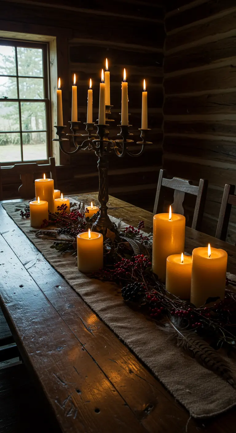 Table en bois sombre éclairée par de nombreuses bougies et un candélabre.