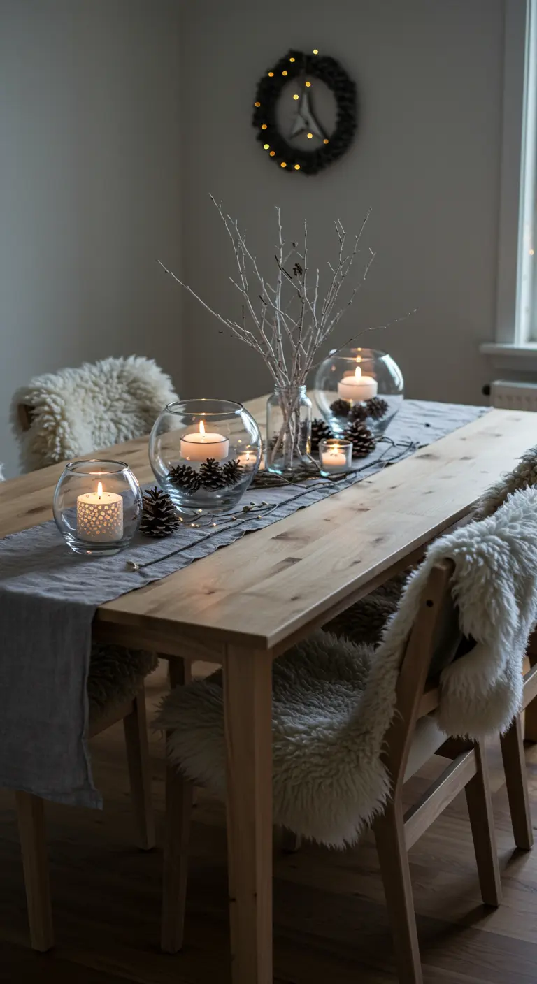Table en bois de style scandinave avec des bougies flottantes, des pommes de pin et des peaux de mouton.