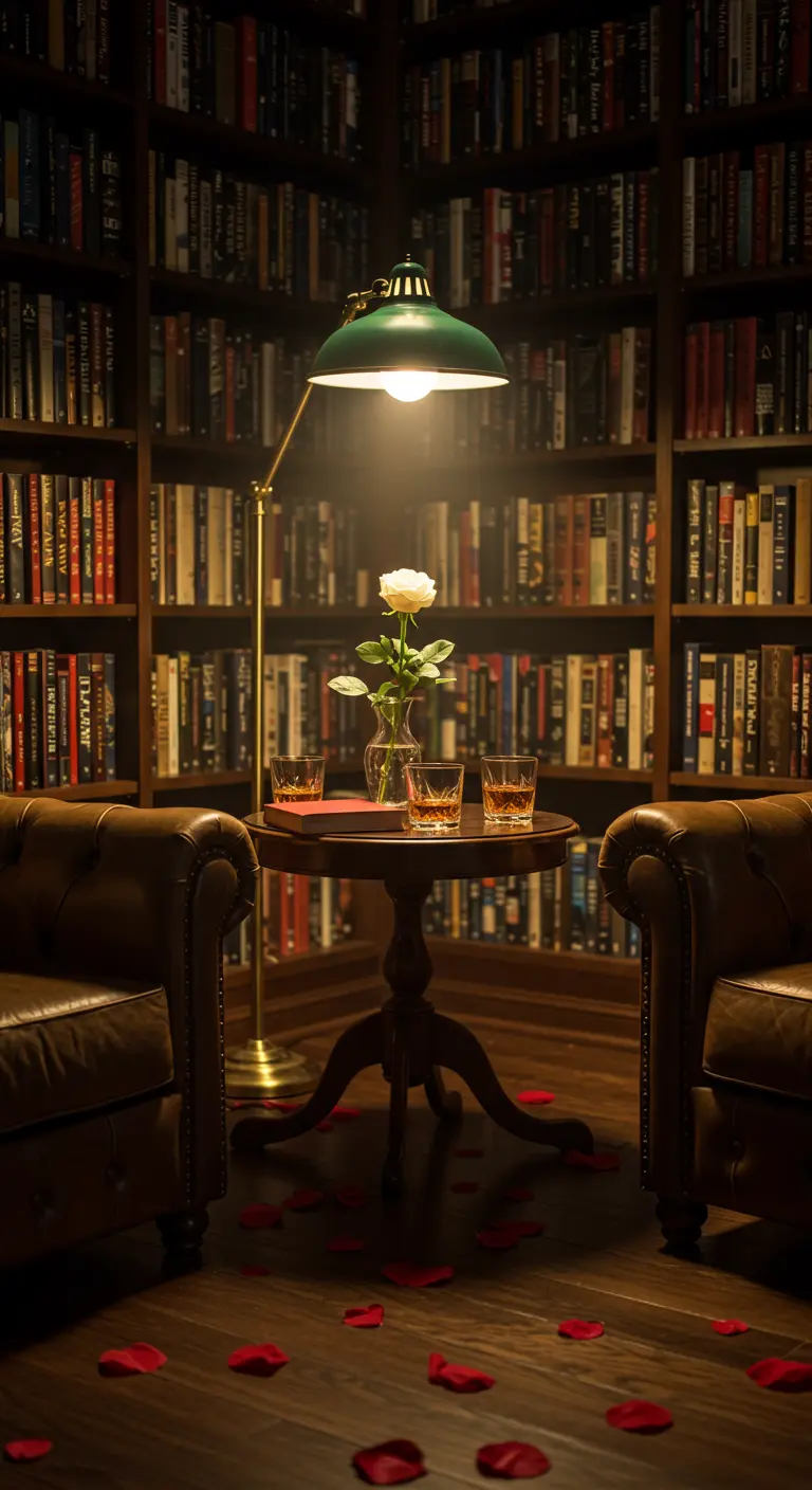 Un coin lecture intime dans une bibliothèque, avec deux fauteuils en cuir et une rose.
