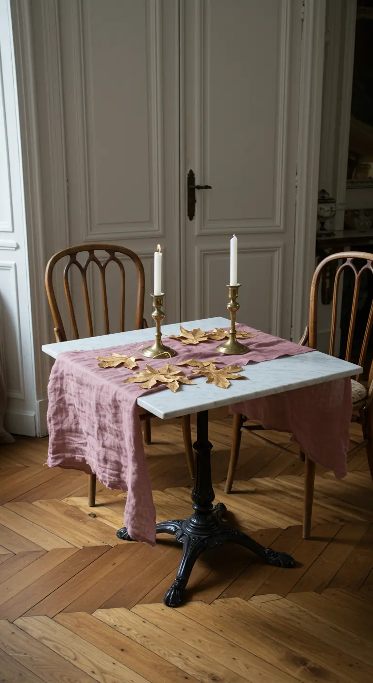 Petite table de bistrot pour deux avec une nappe rose et des feuilles dorées.